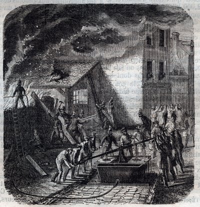 Firemen using a fire pump by French School